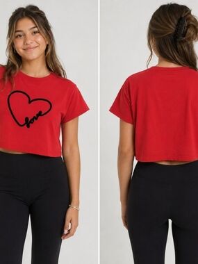 Marled Red Cropped Tee with Black Heart 'Love' Graphic